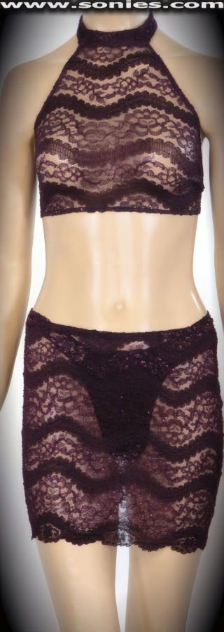 Don't Be Cold, But Blistering Hot in Our Ladies Jasmine Center Stage Three Piece Glitter Lurex with Sheer Pucker Stretch Bell Lace Set. Translucent Halter Style Crop Top with Velcro Neck Close, Hook Back Closure for Off and On Ease Detail Finish. Complementing Curve Hugging Pull-On Mini Skirt with Matching Center Stage Dance Wear Lined Crotch Thong Back Bottom.   Style: 835-013