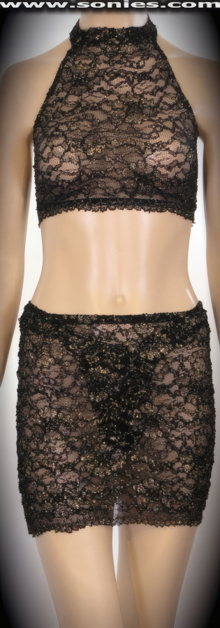 Business as usual is no longer an option in this magnificent Mitre center stage three piece glitter lurex with sheer pucker stretch bell lace set. Translucent halter style crop top with Velcro neck close, plus hook back closure for off and on ease detail finish. Complementing curve hugging pull-on mini skirt. Includes a matching center stage dance wear micro lined thong bottom to complete this magnificent vesture. It pairs beautifully with any number of risqu� gloves. May be worn with stiletto heel shoes or boots to create a phenomenal look. This style is perfect for stage, life style events, pride week, monthly play parties, fetish events, adult alternative lifestyle gatherings, bachelor parties, club wear, nightclubs, dance clubs and gentleman's clubs.   Style: 835-013A