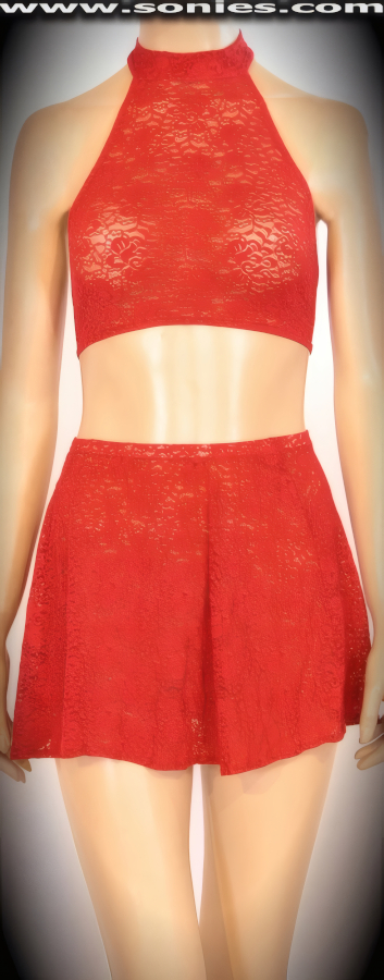Competitive advantage in this Caubvik adult entertainer center stage three piece stretch floral lace set. Seductive skin baring halter style crop top with Velcro neck close, plus clasp back closure for off and on ease detail finish. Complementing curve hugging pull-on mini skirt. Includes a matching center stage micro dance wear lined crotch thong back bottom to complete this magnificent vesture (12% Lycra, 88% Nylon exclusive of trim. Hand wash cold and drip dry, no bleach). It pairs beautifully with any number of risqu� gloves. May be worn with stiletto heel shoes or boots to create a phenomenal look. This style is perfect for stage, life style events, pride week, monthly play parties, fetish events, adult alternative lifestyle gatherings, bachelor parties, club wear, nightclubs, dance clubs and gentleman's clubs.   Style: 835-014A