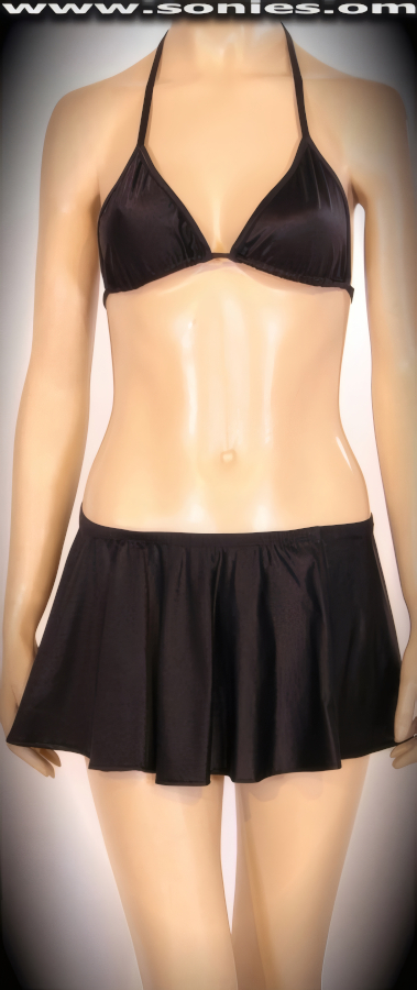 Dazzle your audience in this �r�faj�kull provoking arousal stretch Lycra two piece set. Seductive adjustable slide and tie triangle top designed to fit all busts. Includes a matching curve hugging pull-on micro mini skirt to complete this magnificent vesture (15% Lycra, 85% Nylon exclusive of trim. Hand wash cold and drip dry, no bleach). It pairs beautifully with any number of risqu� gloves. May be worn with stiletto heel shoes or boots to create a phenomenal look. This style is perfect for stage, life style events, pride week, monthly play parties, fetish events, adult alternative lifestyle gatherings, bachelor parties, club wear, nightclubs, dance clubs and gentleman's clubs.   Style: 878-009