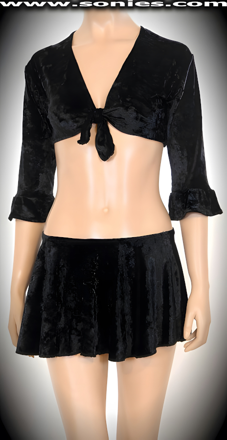 Don't be cold, but blistering hot in this cunning El Altar center stage three piece stretch rich crushed velvet outfit designed to captivate your audience. Seductive tie front 