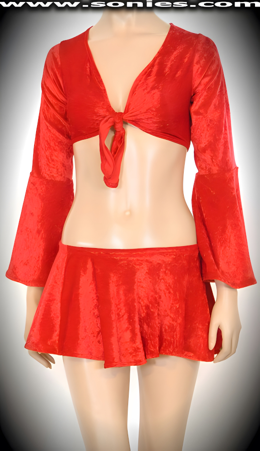 Burning hot is what you are in this cunning center stage three piece stretch rich crushed velvet outfit designed to captivate your audience. Tie front � length bell sleeve top with skin baring neckline and complementing pull-on curve hugging mini skirt. Matching center stage dance wear bottom with lined crotch and thong back finally (15% Lycra, 85% Nylon). It pairs beautifully with any number of risqu� gloves. May be worn with stiletto heel shoes or boots to create a phenomenal look. This style is perfect for stage, life style events, pride week, monthly play parties, fetish events, adult alternative lifestyle gatherings, bachelor parties, club wear, nightclubs, dance clubs and gentleman's clubs.   STYLE: 879-007A