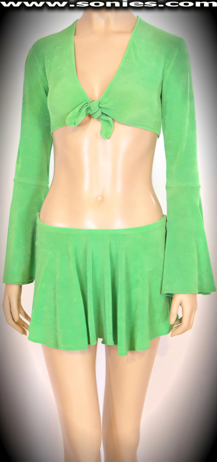 Hot thriller center stage three piece stretch glitter slinky outfit designed to captivate your audience. Tie front bell sleeve top with skin baring neckline and complementing pull-on curve hugging mini skirt. Complete with matching center stage dance wear micro lined thong bottom (15% Lycra, 85% Nylon). It pairs beautifully with any number of risqu� gloves. May be worn with stiletto heel shoes or boots to create a phenomenal look. This style is perfect for stage, life style events, pride week, monthly play parties, fetish events, adult alternative lifestyle gatherings, bachelor parties, club wear, nightclubs, dance clubs and gentleman's clubs.   STYLE: 879-007SC