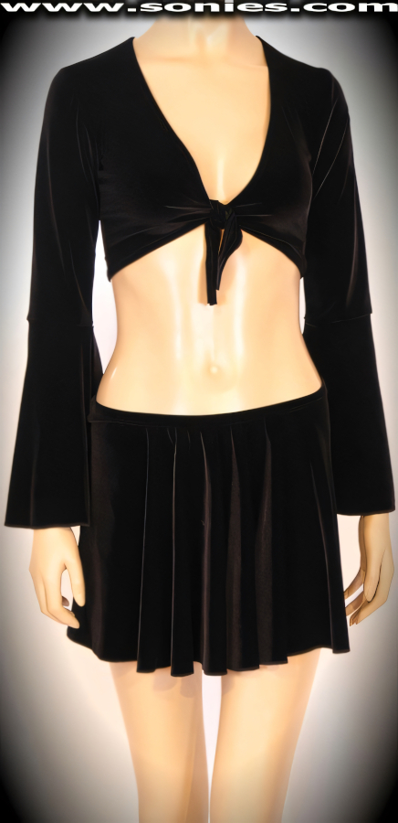 Brighten Up the Fun in this magnificent Blackcomb center stage two piece stretch velvet outfit designed to captivate your audience. Seductive tie front bell sleeve top with skin baring neckline and complementing pull-on curve hugging mini skirt (12% Lycra, 88% Nylon exclusive of trim. Hand wash cold and drip dry, no bleach). It pairs beautifully with any number of risqu� gloves. May be worn with stiletto heel shoes or boots to create a phenomenal look. This style is perfect for stage, life style events, pride week, monthly play parties, fetish events, adult alternative lifestyle gatherings, bachelor parties, club wear, nightclubs, dance clubs and gentleman's clubs.   STYLE: 879-007SCBV