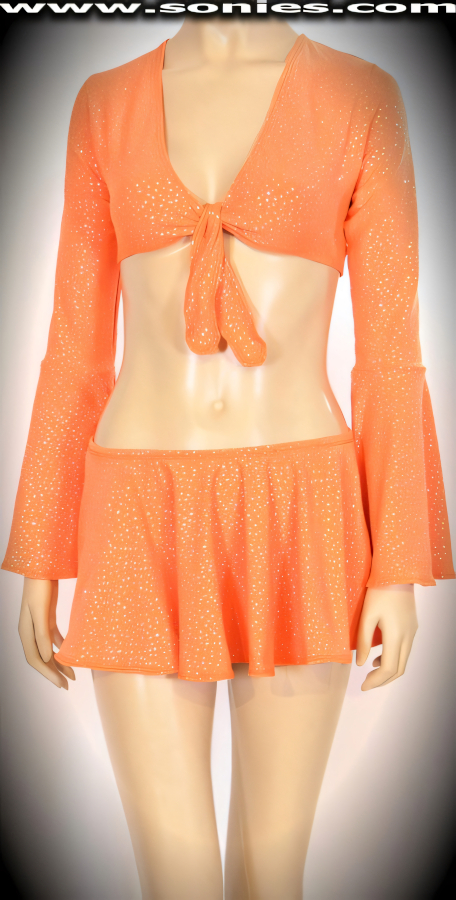 Be the life of the party in this magnificent Hornickel center stage three piece stretch glitter Lycra outfit designed to captivate your audience. Seductive tie front bell sleeve top with skin baring neckline and complementing pull-on curve hugging mini skirt. Includes a complementing center stage dance wear micro lined thong bottom to complete this magnificent vesture (15% Lycra, 85% Nylon exclusive of trim. Hand wash cold and drip dry, no bleach). It pairs beautifully with any number of risqu� gloves. May be worn with stiletto heel shoes or boots to create a phenomenal look. This style is perfect for stage, life style events, pride week, monthly play parties, fetish events, adult alternative lifestyle gatherings, bachelor parties, club wear, nightclubs, dance clubs and gentleman's clubs.   STYLE: 879-007SCOR