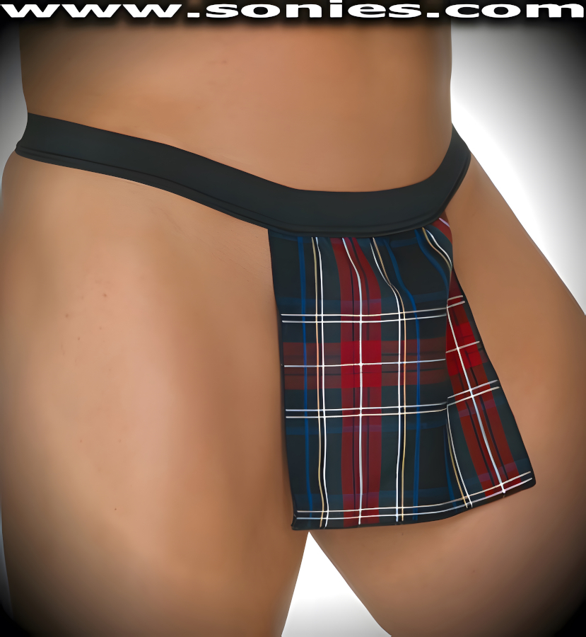 Men's Loch Ness Dance Wear Kilt. Satin Lycra Unlined Contoured Pouch with Thong Back, Elasticized Waistband and Plaid Front Kilt Detail Finish.   Style: 9102