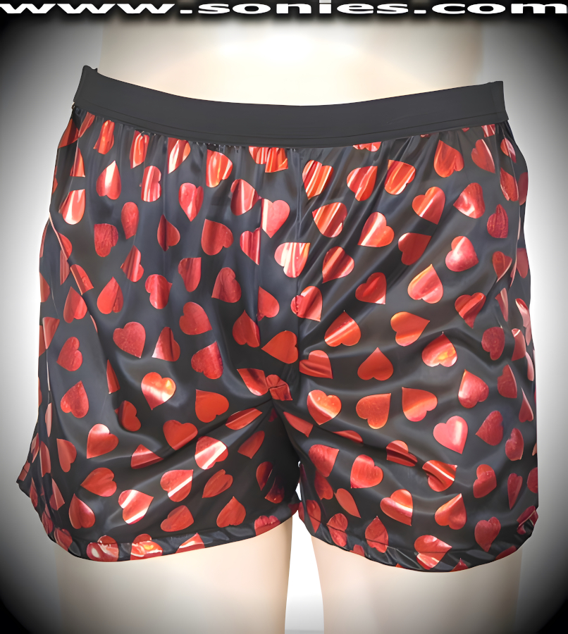 Men's Odysseus Lam� Heart Foil Boxer with Mock Front Fly Detailing and Rip-Off Velcro Sides for a Dramatic Effect. Relax in these luxurious silky soft boxer shorts, which are wonderful for lounging around in and when your disposition is a tad more brazen you can simply tug on them to leave you delightfully exposed.