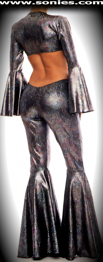 Take Control of Your Audience in this Noche de Rumba Super Sexy Flamenco Three Piece Glimmer Stretch Iridescent Python Foil Lycra Set. Luscious Bell Sleeve Crop Top with Skin Baring Neckline plus Tie Front Closure for Off and On Ease. Complementing Curve Hugging Scoop Front and Back Pull-On Pants with Bell Bottom Legs plus Center Stage Micro Dance Wear Panty with Lined Crotch and Thong Back Finally (15% Lycra, 85% Nylon).   Style: 974-64B