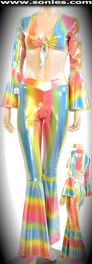 Acquire Control of Your Audience in this Fabulous Noche de Rumba Super Sexy Flamenco Three Piece Glimmer Stretch Hologram Lycra Set. Luscious Bell Sleeve Crop Top with Skin Baring Neckline plus Tie Front Closure for Off and On Ease. Complementing Curve Hugging V-Front Pull-On Pants with Bell Bottom Legs and Center Stage Micro Dance Wear Panty with Lined Crotch and Thong Back Finally (15% Lycra, 85% Nylon).   Style: 974-64BRA