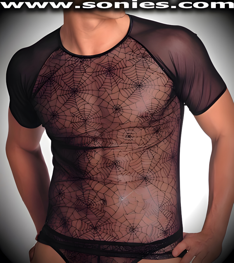 Men's Bo�tes spiderweb embossed sheer stretch Lycra mesh sculpted dance wear crew-neck t-shirt. Designed to show off your masculine form and crafted using quality two-way spiderweb embossed sheer stretch Lycra mesh fabric (15% Lycra, 85% Nylon exclusive of trim. Hand wash cold and drip dry, no bleach). It pairs superbly with any number of dashing bottoms such as pants, shorts, thongs or G-Strings. This racy style is perfect for stage, life style events, men's competition wear, pride week, monthly play parties, fetish events, adult alternative lifestyle gatherings, club wear, nightclubs, dance clubs, ladies night clubs, Bachelorette parties, male exotic Chippendale dancers, girls night out parties and more. Try this popular hot style for yourself today!   Style: 9807