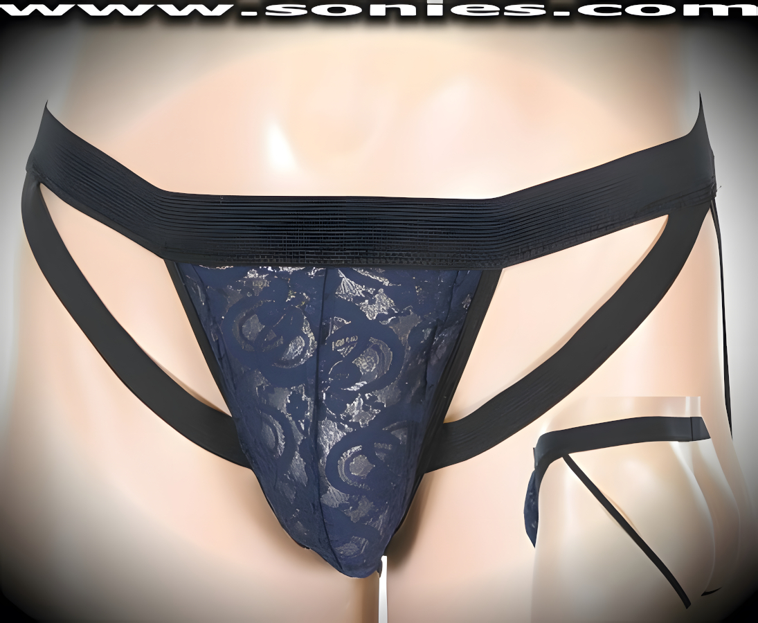 Men's X-Rated Dance Wear Strappy Jock. This jock has an Irresistibly Contrasting Sheer Floral Lace Unlined Contoured Front Pouch to provide support and room for your package. Wide Elasticized Waistband and Dual High-Elasticity Ass Straps Detail Finish.   Style: 9817B