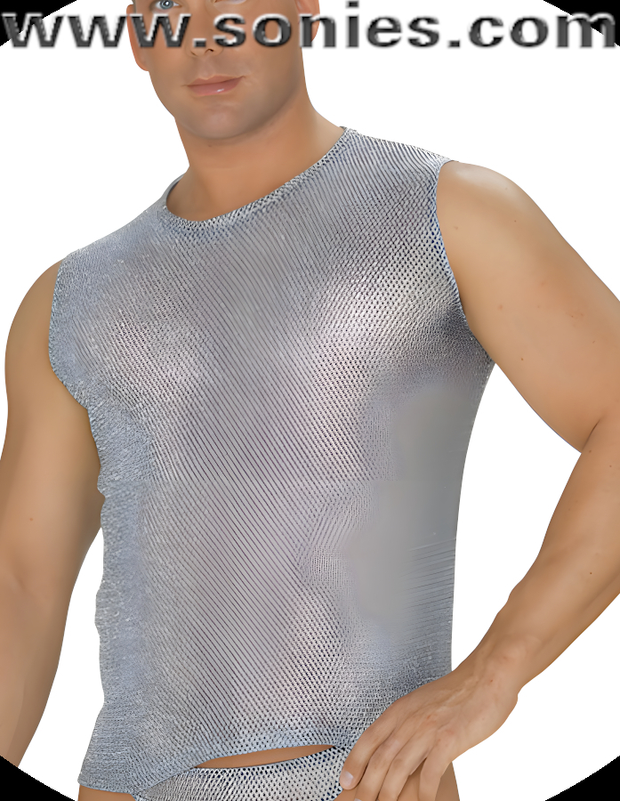 Men's Calchas Utterly Tempting and Enchanting Glitter Silver Metallic Lurex Mesh Crewneck Dance Wear Muscle Tee (Lurex/Nylon).   Style: 9826