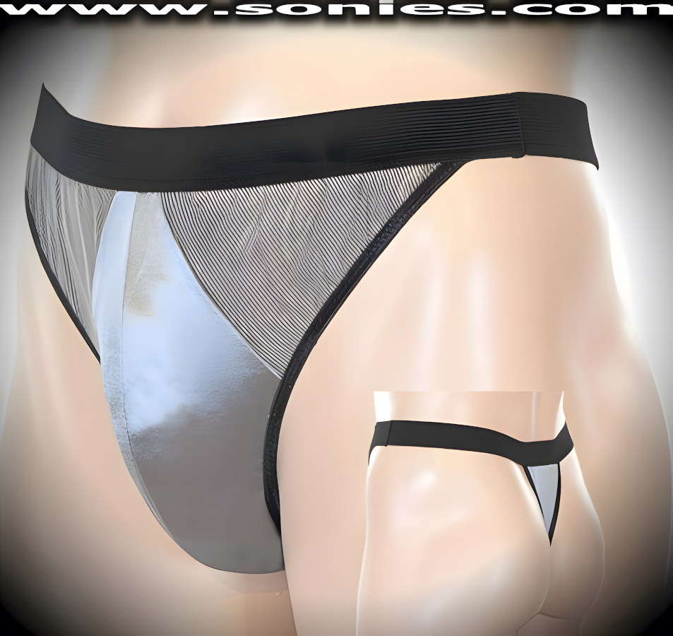 Men's Striped Mesh and Stretch Lycra Warrior Dance Wear Thong with Elasticized Waistband plus Unlined Contoured Front Pouch to provide support and room for your package. Designed with a Barely Concealing Pouch to Provoke Instant Arousal from Your Audience (15% Lycra, 85% Nylon).   Style: 9905