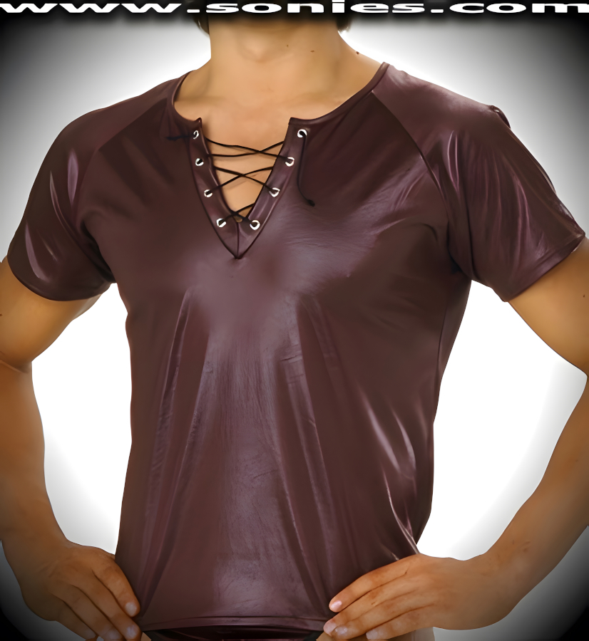 Be the Envy of All in Our Men's Xenophon Crocodile Embossed Stretch Lycra Sculpted Short Sleeved Dance Wear Crewneck Tee with Metal Eyelets and Bi-Directional Lace-Up Front Detail Finish (15% Lycra, 85% Nylon).   Style: 9920