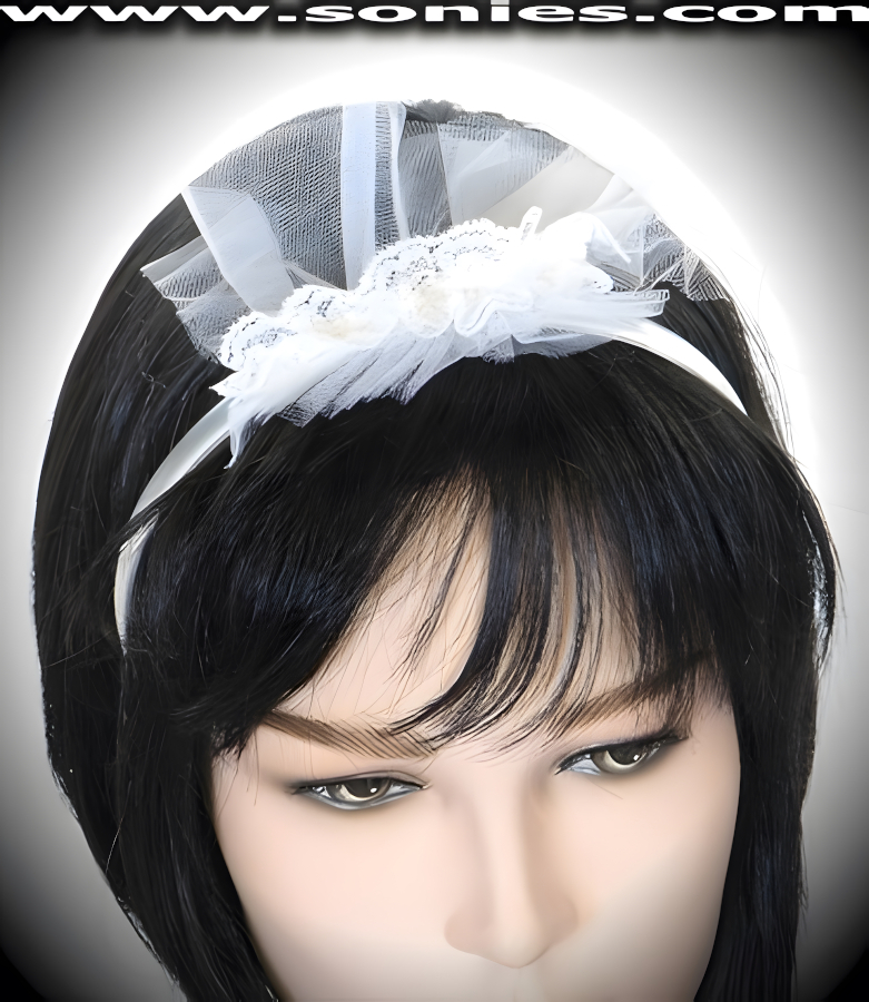 Pretty Miniature Bridal Veil Head Band will make a beautiful addition to your hair accessory. This beautiful Clear headpiece Band is adorned with Sheer White Very Short Veiling and Ruffle Lace Top Finally. Great for use on any hair length and can be worn for costuming.    Style: A-HEADBAND