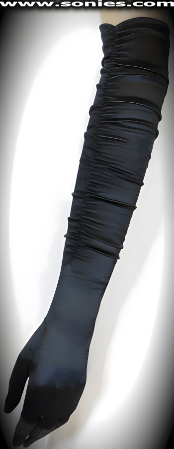 You can't be trusted in these Abeona shiny and luxurious over-the-elbow length satin Lycra gloves with side stitching for that added gather look (15% Lycra, 85% Nylon). It pairs beautifully with any number of vestures. This style is perfect for formal, bridal, prom, d�butante, Opera Ball, plus for professional entertainers such as can-can dancers and burlesque performers (particularly to perform a gown-and-glove dance).   Style: AC-GLOVE