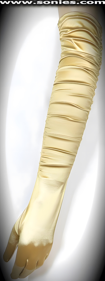 You can't be trusted in these Abeona shiny and luxurious over-the-elbow length satin Lycra gloves with side stitching for that added gather look (15% Lycra, 85% Nylon). It pairs beautifully with any number of vestures. This style is perfect for formal, bridal, prom, d�butante, Opera Ball, plus for professional entertainers such as can-can dancers and burlesque performers (particularly to perform a gown-and-glove dance).   Style: AC-GLOVE1