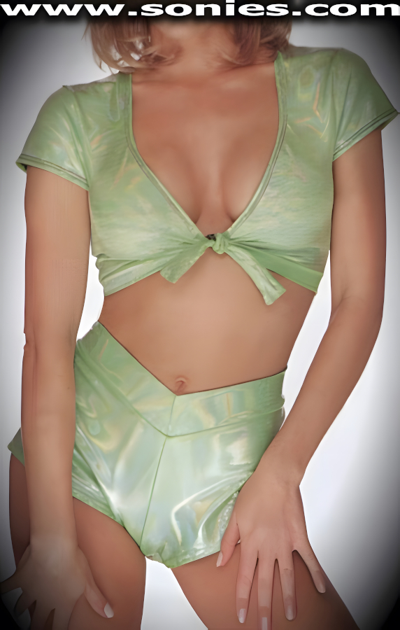 Encase yourself in this fabulous Tro�don entertainers favorite stretch glimmer hologram Lycra set. Exquisite halter style crop top with skin baring neckline, plus tie front closure for off and on ease plus to ensure a great fit. Complete with matching curve hugging V-Front pull-on hot pants (15% Lycra, 85% Nylon). It pairs beautifully with any number of risqu� gloves. May be worn with stiletto heel shoes or boots to create a phenomenal look. This style is perfect for stage, life style events, pride week, monthly play parties, fetish events, adult alternative lifestyle gatherings, bachelor parties, club wear, nightclubs, dance clubs and gentleman's clubs.   STYLE: CLS-901