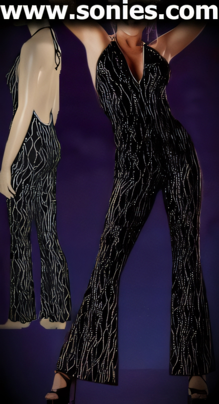 Shapely and Seductive in this Fabulous Black Glitter Vertical Patterned Mambo Halter Style Stretch Lycra Slinky Cat Suit. Low plunging neckline with tie neck closure for off and on ease. Deep dipping back and bell bottom legs detail finish (15% Lycra, 85% Nylon).   Style: LIF-5120