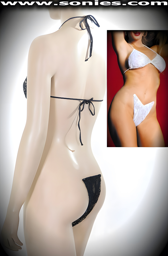 You'll get their attention in our Two Piece Seductive Lace Lingerie Set. Looks Absolutely Great on Every Woman no Matter what Your Age. FANTASTIC FITTING EVEN ON THOSE IMPERFECT SHAPES thanks to a Unique, Flexible Preformed Panty. This is NOT a Stick-On Product. Lingerie Bottom Contours to Every figure making it SUPER COMFORTABLE and Easy to Size. Adjustable Sliding Triangle Bra Ties at Neck and Back.     Style: LINESFREE120