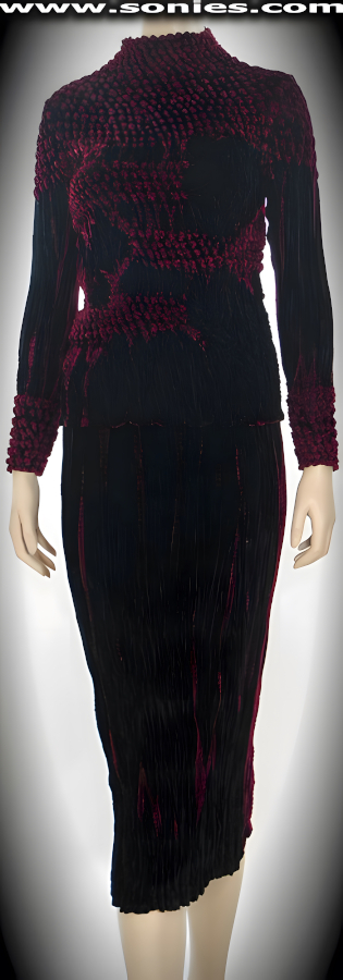You can't Deny the Feminine Allure of this Exquisite Tie Dyed Fancy Free Two-Piece Set. Modern Girl Hand-Tied Stretch Velvet Long Sleeved Top with Button Back Collar Close Detail Finish. Complete with Matching Pull-On Long Sleek Skirt.   Style: M-18-4
