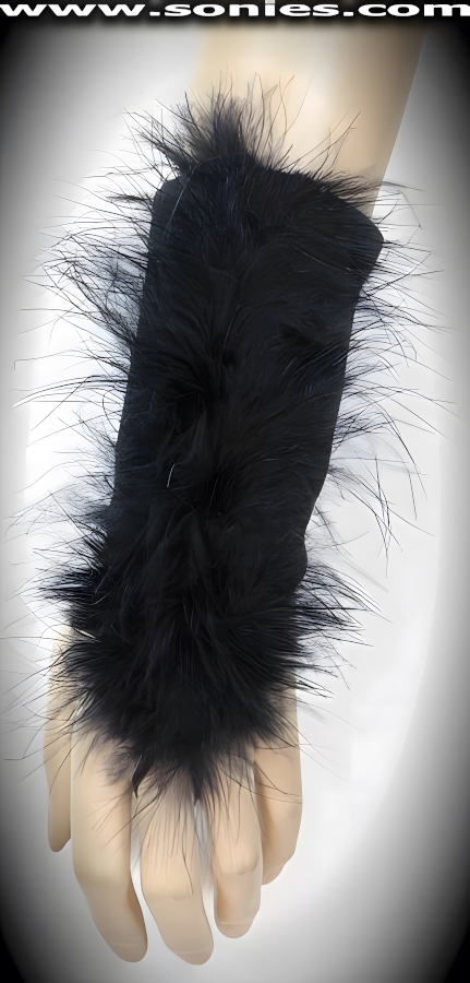 Extremely funky in these dazzling Chachacomani stretch Lycra wrist length fingerless gloves with eye-appealing soft marabou detail finish. Designed with a soft elasticized loop that fits over the middle finger. Can be worn for costuming with a cat outfit (15% Lycra, 85% Nylon).
    Style: MARABOU-GLOVES