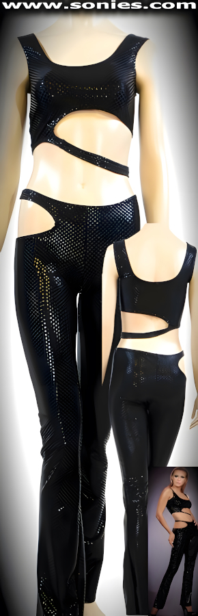 Star Quality is what you are in this Super Sexy Kawa Karpo Two Piece Glimmer Stretch Dotted Foil Lycra Set. Body Conscious Tank Style Crop Top with Dramatic Skin Baring Cutout Side Detail Finish. Complementing Curve Hugging Pull-On Pants with Eye-Captivating Skin Baring Cutout Side and Bootleg Finally (15% Lycra, 85% Nylon).    STYLE: PS35