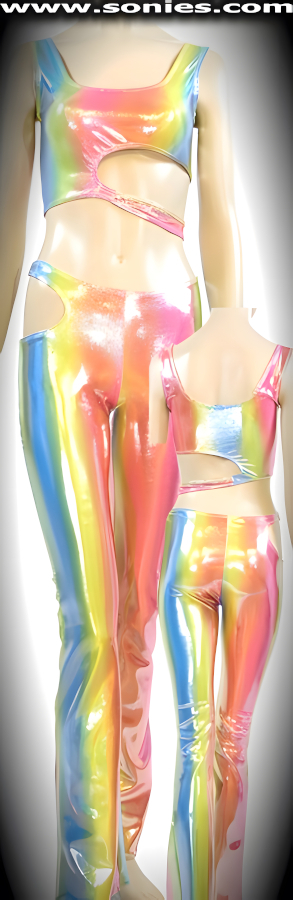Set the scene and then steal it in this Super Sexy Caucasus Two Piece Glimmer Stretch Hologram Lycra Set. Body Conscious Tank Style Crop Top with Dramatic Skin Baring Cutout Side Detail Finish. Complementing Curve Hugging Pull-On Pants with Eye-Captivating Skin Baring Cutout Side and Bootleg Finally (15% Lycra, 85% Nylon).    STYLE: PS35RA