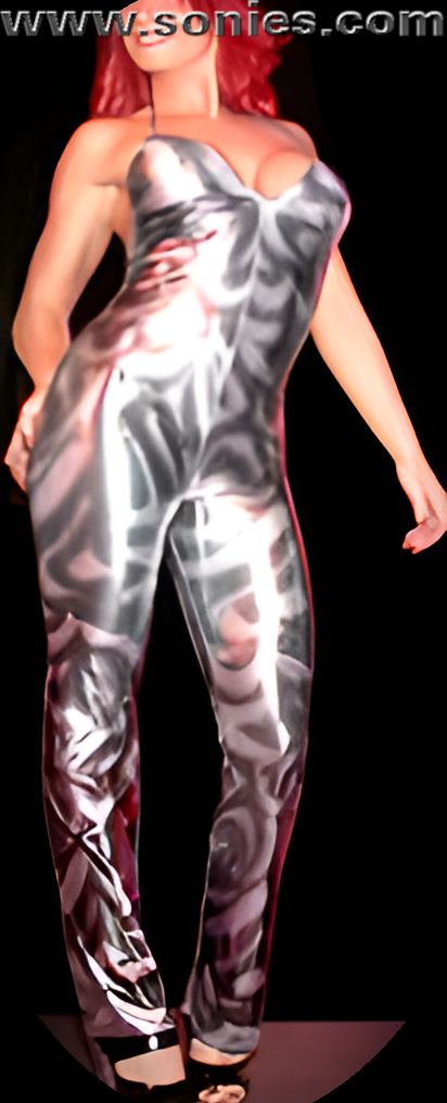 Cast a Hypnotic Spell in this Magnificent Silver with Black Psychedelic Curve Hugging Stretch Lycra Halter Style Cat Suit. Low Plunging Neckline with Tie Neck Back Straps Closure for Off and On Ease Detail Finally (15% Lycra, 85% Nylon).   Style: SC-4081SH