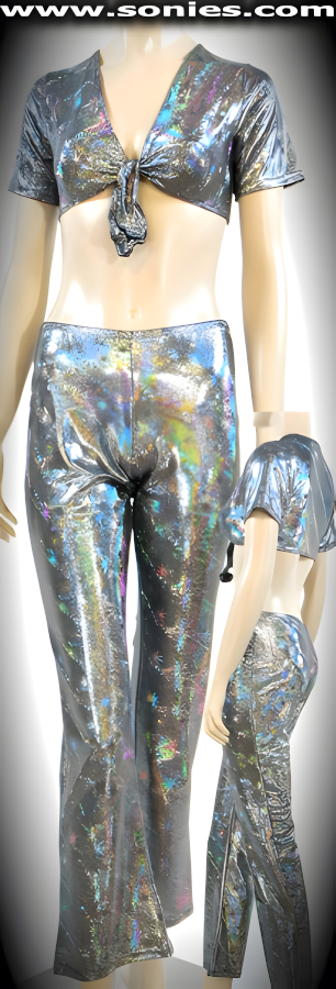 Obtain all the Glances In This Magnificent Stretch Star Burst Hologram Lycra Short Sleeve Tie Front Top with Matching Flared Leg Pants.   STYLE: SCD-1STAR