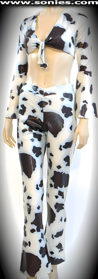 Audaciously Sexy in this Mueva La Cintura Two Piece Stretch Cow Print Wet-Look Lycra Set. Luscious Bell Sleeve Tie Front Crop Top with Skin Baring Neckline plus Tie Front Closure for Off and On Ease. Complementing Curve Hugging V-Front Pull-On Pants with Slightly Flared Legs Detail Finish (15% Lycra, 85% Nylon).   STYLE: SCD-3