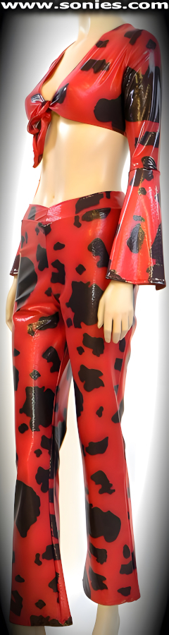 Venturesomely Sexy in this Kazbek Two Piece Stretch Cow Print Wet-Look Lycra Set. Luscious Bell Sleeve Tie Front Crop Top with Skin Baring Neckline plus Tie Front Closure for Off and On Ease. Complementing Curve Hugging V-Front Pull-On Pants with Slightly Flared Legs Detail Finish (15% Lycra, 85% Nylon).   STYLE: SCD-3RE