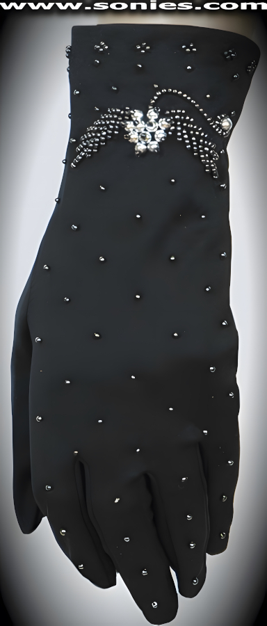 Some times it's good to be bad in these elegant Flora wrist length satin Lycra gloves with dark and silver metal bead detailing (15% Lycra, 85% Nylon exclusive of trim. Hand wash cold and drip dry, no bleach). It pairs beautifully with any number of vestures. This style is perfect for formal, bridal, prom, d�butante and Opera Ball.    Style: SH-GLOVE