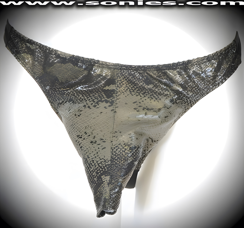 Men's Freedom Extender Python Print Patent Leather Dance Wear Thong. Exquisitely designed with Front Shaft Opening plus Stretch Lycra Back to Provide just the right amount of stretch for a Comfortable Body-Hugging and Supportive Fit. Remarkable and sexy-looking for all those special occasions.   Style: SHR-550A