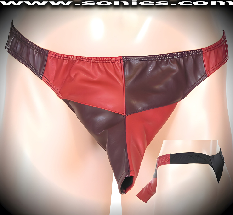 Men's Antarctica Freedom Extender, Contrasting Two Tone Patent Leather Dance Wear Thong. Exquisitely designed with Front Shaft Opening plus Black Stretch Lycra Back to Provide just the right amount of stretch for a Comfortable Body-Hugging and Supportive Fit. Remarkable and sexy-looking for all those special occasions.   Style: SHR-550AA