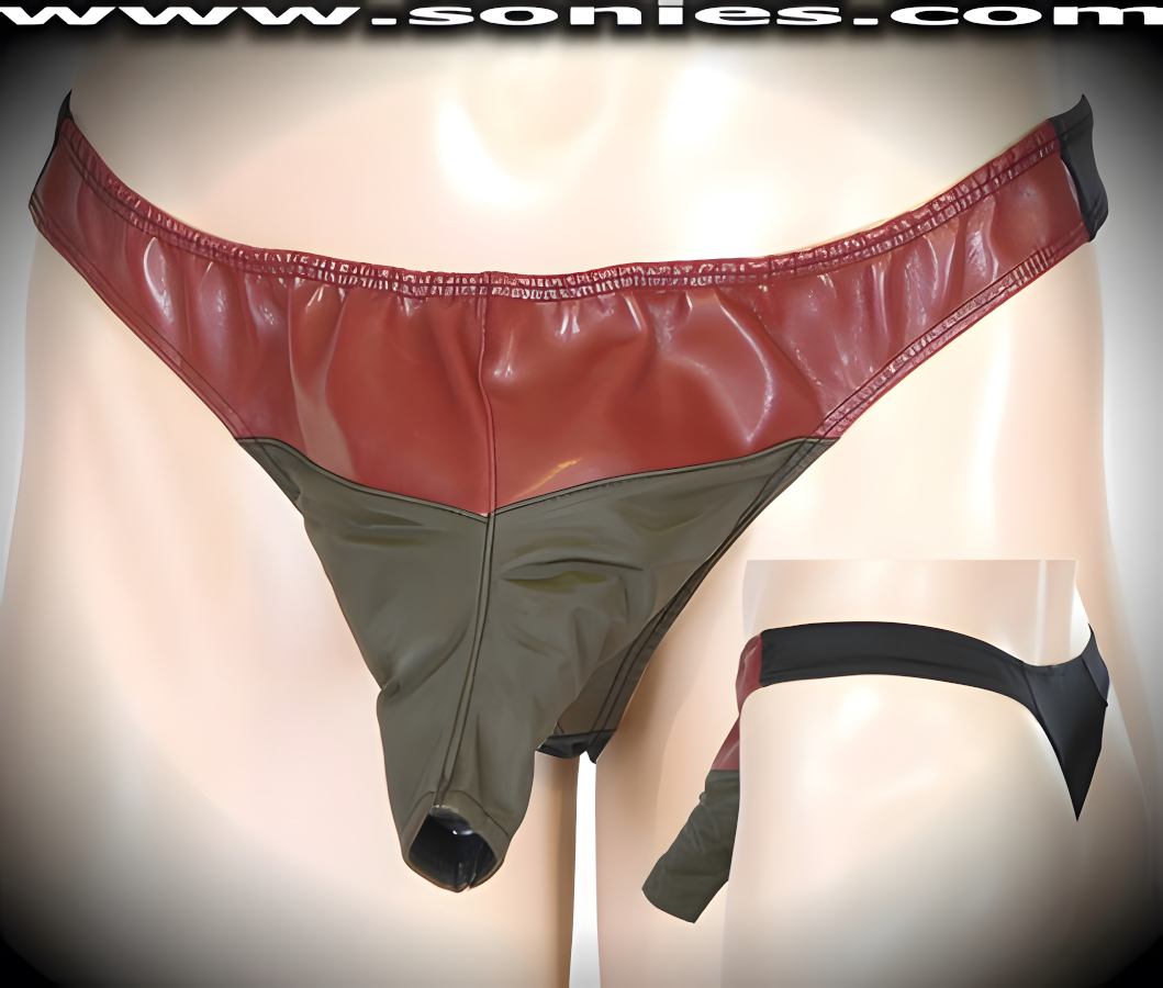 Men's Ahaggar Freedom Extender, Contrasting Two Tone Patent Leather Dance Wear Thong. Exquisitely designed with Front Shaft Opening plus Black Stretch Lycra Back to Provide just the right amount of stretch for a Comfortable Body-Hugging and Supportive Fit. Remarkable and sexy-looking for all those special occasions.   Style: SHR-550AB