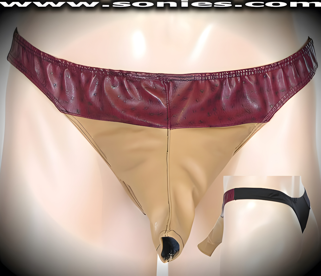 Men's Kompassberg Freedom Extender, Nail Pop with Solid Patent Leather Contrasting Dance Wear Thong. Exquisitely designed with Front Shaft Opening plus Black Stretch Lycra Back to Provide just the right amount of stretch for a Comfortable Body-Hugging and Supportive Fit. Remarkable and sexy-looking for all those special occasions.   Style: SHR-550AG