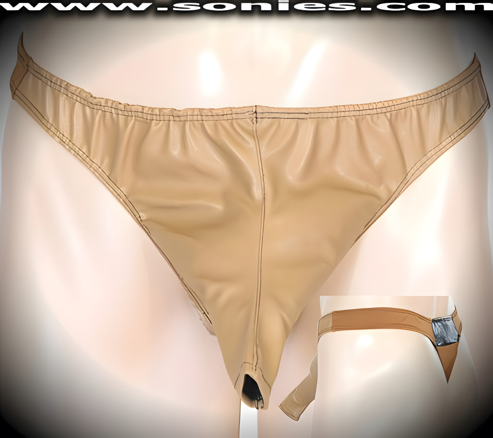 Men's Congo-Uganda Freedom Extender Patent Leather Dance Wear Thong with Exquisitely designed Front Shaft Opening. Gold Stretch Lycra Back to Provide just the right amount of stretch for a Comfortable Body-Hugging and Supportive Fit with Contrasting Black Patent Leather Accent Finally. Remarkable and sexy-looking for all those special occasions.   Style: SHR-550AH