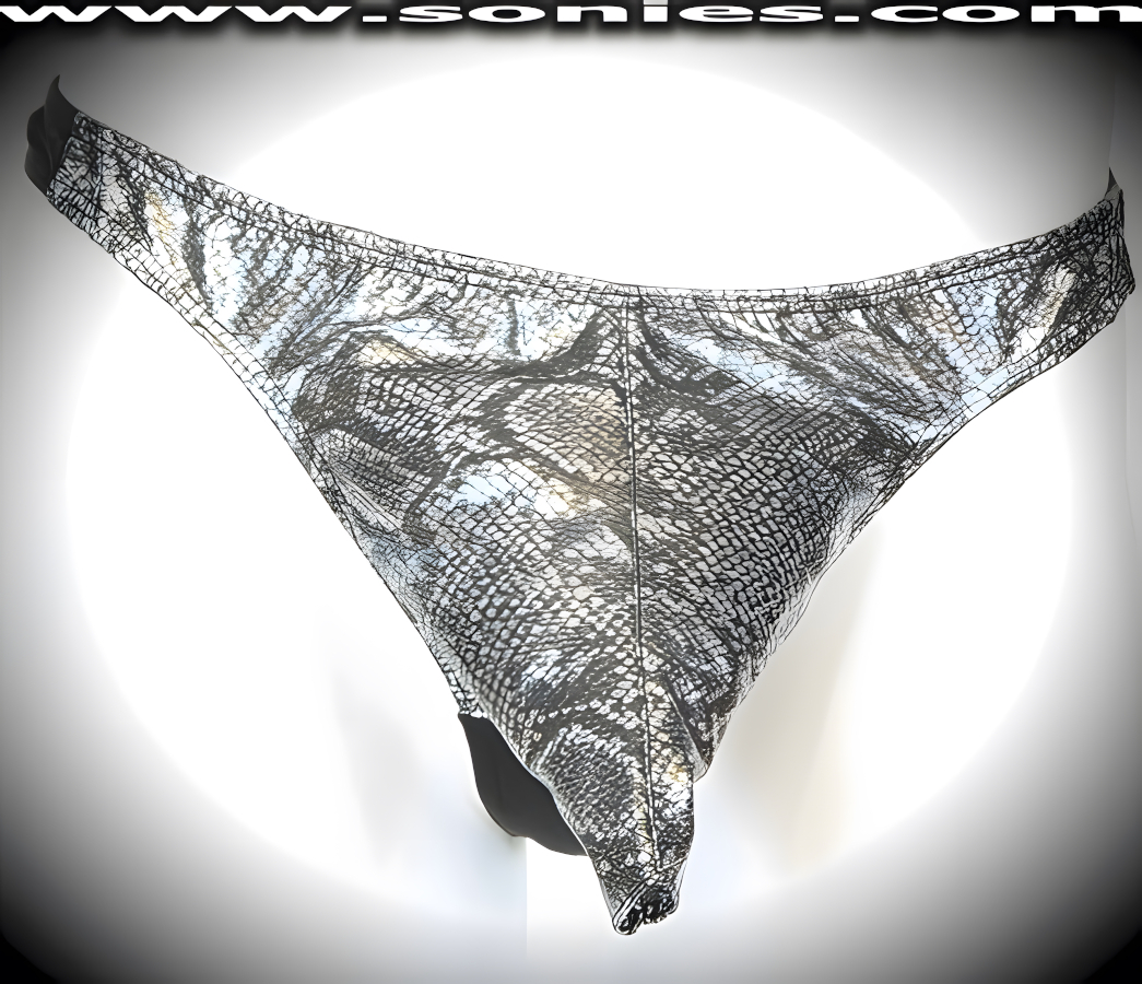 Men's Freedom Extender Python Print Patent Leather Dance Wear Thong. Exquisitely designed with Front Shaft Opening plus Stretch Lycra Back to Provide just the right amount of stretch for a Comfortable Body-Hugging and Supportive Fit. Remarkable and sexy-looking for all those special occasions.   Style: SHR-550E