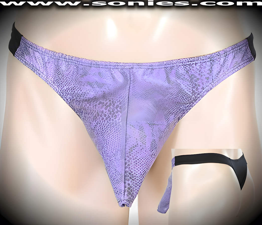 Men's Freedom Extender Snake Print Patent Leather Dance Wear Thong. Exquisitely designed with Front Shaft Opening plus Stretch Lycra Back to Provide just the right amount of stretch for a Comfortable Body-Hugging and Supportive Fit. Remarkable and sexy-looking for all those special occasions.   Style: SHR-550F