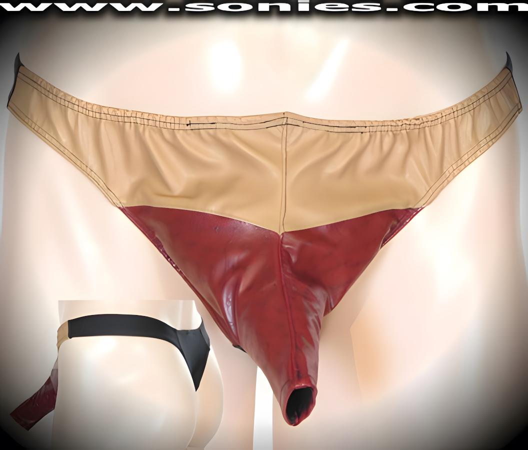 Men's Kangchenjunga Freedom Extender, Solid with Nail Pop Patent Leather Contrasting Dance Wear Thong. Exquisitely designed with Front Shaft Opening plus Black Stretch Lycra Back to Provide just the right amount of stretch for a Comfortable Body-Hugging and Supportive Fit. Remarkable and sexy-looking for all those special occasions.   Style: SHR-550K