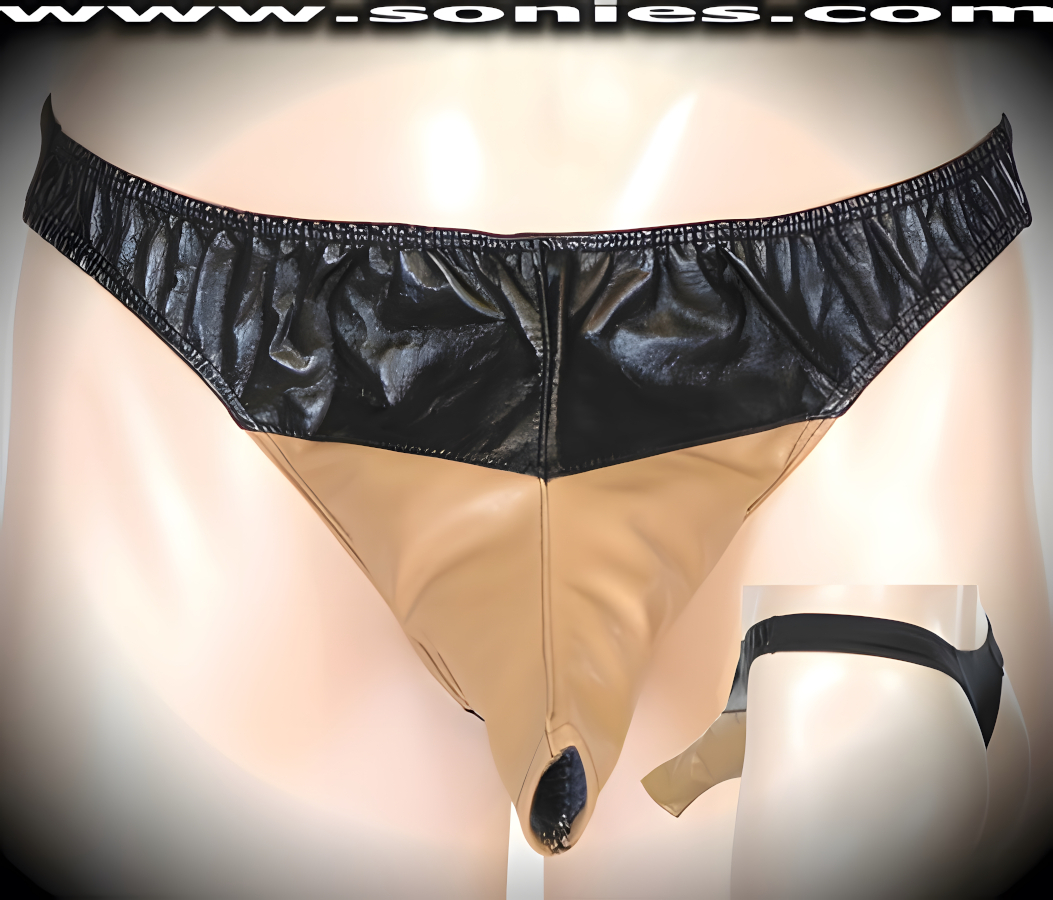 Men's Lhotse Contrasting Patent Leather Freedom Extender Dance Wear Thong. Exquisitely designed with Front Shaft Opening plus Black Stretch Lycra Back to Provide just the right amount of stretch for a Comfortable Body-Hugging and Supportive Fit. Remarkable and sexy-looking for all those special occasions.   Style: SHR-550L