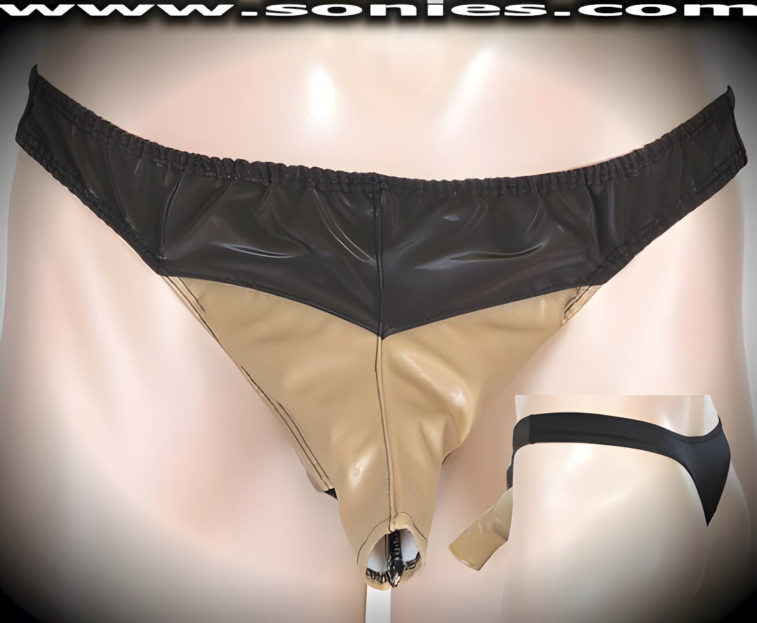 Men's Makalu Freedom Extender, Solid with Nail Pop Patent Leather Contrasting Dance Wear Thong. Exquisitely designed with Front Shaft Opening plus Black Stretch Lycra Back to Provide just the right amount of stretch for a Comfortable Body-Hugging and Supportive Fit. Remarkable and sexy-looking for all those special occasions.   Style: SHR-550M
