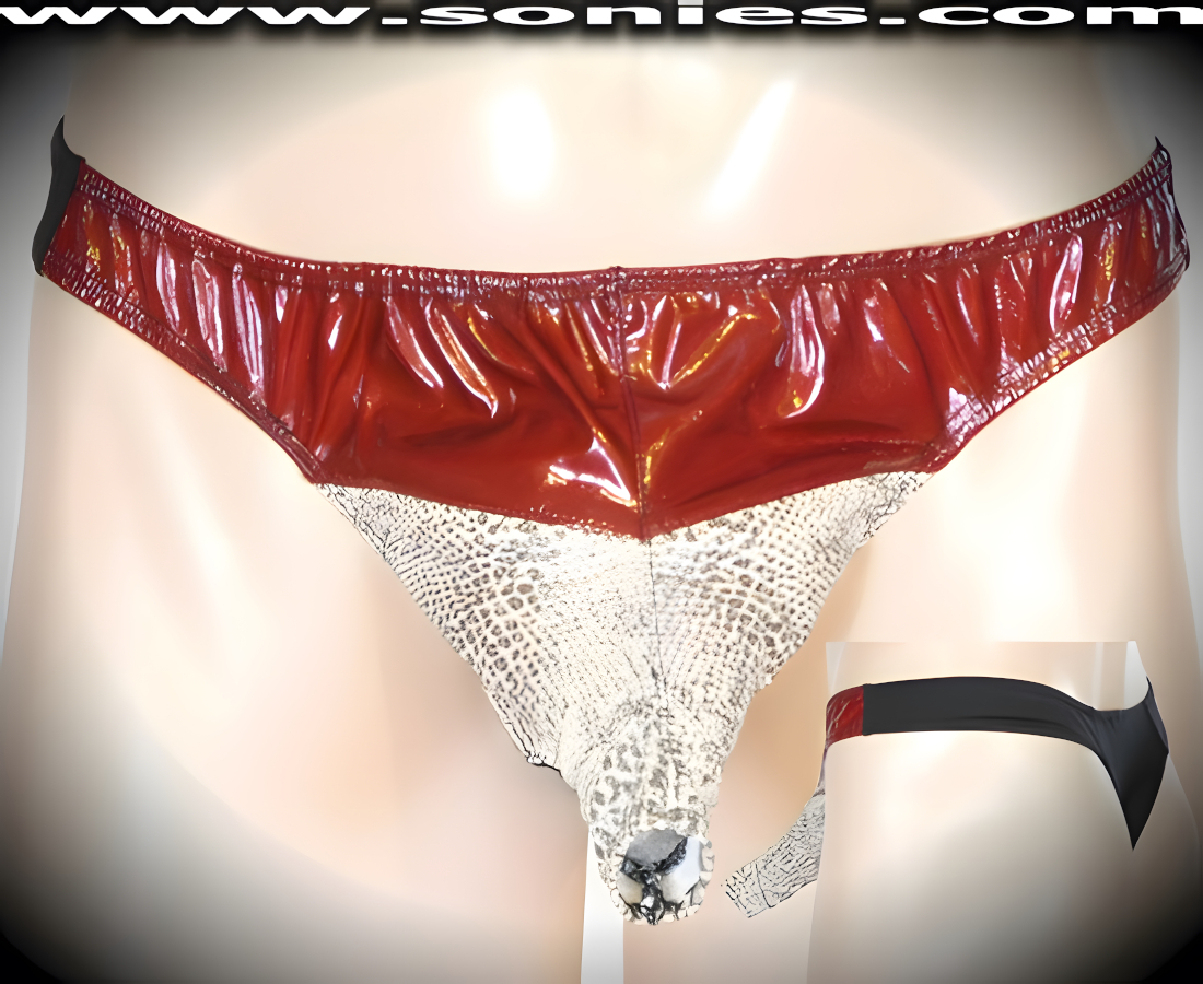 Men's Dhaulagiri Freedom Extender, Solid with Snake Print Patent Leather Contrasting Dance Wear Thong. Exquisitely designed with Front Shaft Opening plus Black Stretch Lycra Back to Provide just the right amount of stretch for a Comfortable Body-Hugging and Supportive Fit. Remarkable and sexy-looking for all those special occasions.   Style: SHR-550O