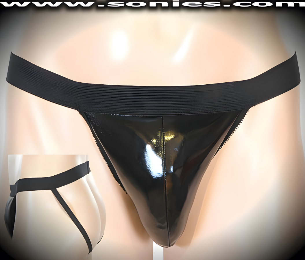 Men's Rear Dazzler Dance Wear Bottom. This jock has a hot-looking Patent Leather Unlined Contoured Front Pouch to provide support and room for your package. Wide Elasticized Waistband and Dual High-Elasticity Ass Straps Detail Finish.   Style: SHR-578