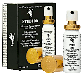 Picture Of Actual STUD 100 Packaging. STUD 100 World Famous Delay Spray for Men.