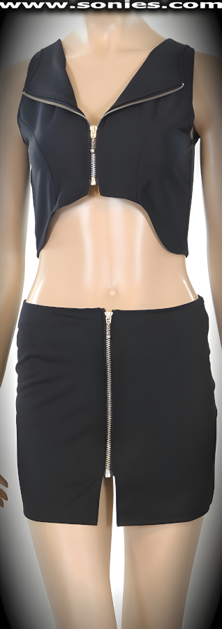 Get into a playful mood in this unforgettable Ancohuma body conforming fit reverse patent leather (PVC) two piece set. Tempting vest style lapel crop top with front open-ended molded plastic zipper detailing that zips undone with metal puller for on and off ease. Contour seaming enhances its conforming shape. Includes a matching curve hugging mini skirt with molded plastic break-away zipper front plus metal puller. Effortless to pull-on and a treat for your audience to see you take it off! It pairs beautifully with any number of risqu� gloves. May be worn with stiletto heel shoes or boots to create a phenomenal look. This style is perfect for stage, life style events, pride week, monthly play parties, fetish events, adult alternative lifestyle gatherings, bachelor parties, club wear, nightclubs, dance clubs and gentleman's clubs.   Style: TUS-1025AE