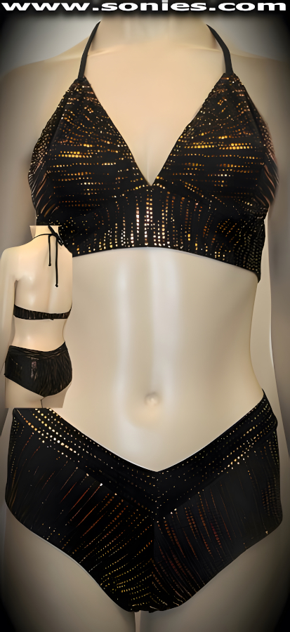 Magnificently stimulating in this phenomenal Fansipan well-sculpted two piece stretch liquid Lam� Lycra set. Seductive halter style conforming fit crop top that is designed to fit all busts. Adjustable spaghetti strap tie neck close to ensure a great fit, plus rear clasp closure for off and on ease detail finish. Contoured seaming enhances its conforming shape. Includes a matching curve hugging V-front pull-on cheeky hot pants to complete this magnificent vesture. The low rise design makes the torso look longer, while the high-cut thigh elongates the legs, for an incredibly seductive silhouette (15% Lycra, 85% Nylon). It pairs beautifully with any number of risqu� gloves. May be worn with stiletto heel shoes or boots to create a phenomenal look. This style is perfect for stage, life style events, pride week, monthly play parties, fetish events, adult alternative lifestyle gatherings, bachelor parties, club wear, nightclubs, dance clubs and gentleman's clubs.   Style: TUS-1186CD