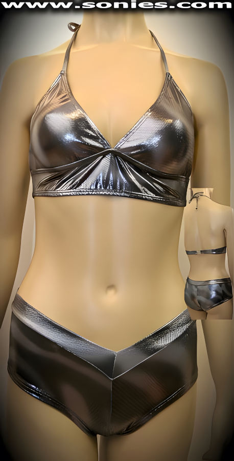 Hazardously sexy in this superb Doi Inthanon well-sculpted two piece stretch liquid Lam� Lycra set. Seductive halter style conforming fit crop top that is designed to fit all busts. Adjustable spaghetti strap tie neck close to ensure a great fit, plus rear clasp closure for off and on ease detail finish. Contoured seaming enhances its conforming shape. Includes a matching curve hugging V-front pull-on cheeky hot pants to complete this magnificent vesture. The low rise design makes the torso look longer, while the high-cut thigh elongates the legs, for an incredibly seductive silhouette (15% Lycra, 85% Nylon). It pairs beautifully with any number of risqu� gloves. May be worn with stiletto heel shoes or boots to create a phenomenal look. This style is perfect for stage, life style events, pride week, monthly play parties, fetish events, adult alternative lifestyle gatherings, bachelor parties, club wear, nightclubs, dance clubs and gentleman's clubs.   Style: TUS-1186PSY