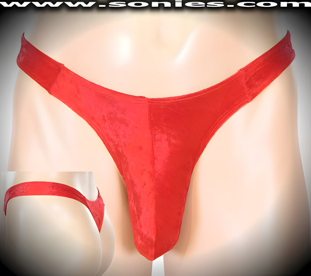 Men's Bold Eros Rich Stretch Velvet Dance Wear Thong with Unlined Contoured Front Pouch to provide support and room for your package. This is a thong that contours and conforms to every bulge and curve.   Style: UMR-105V